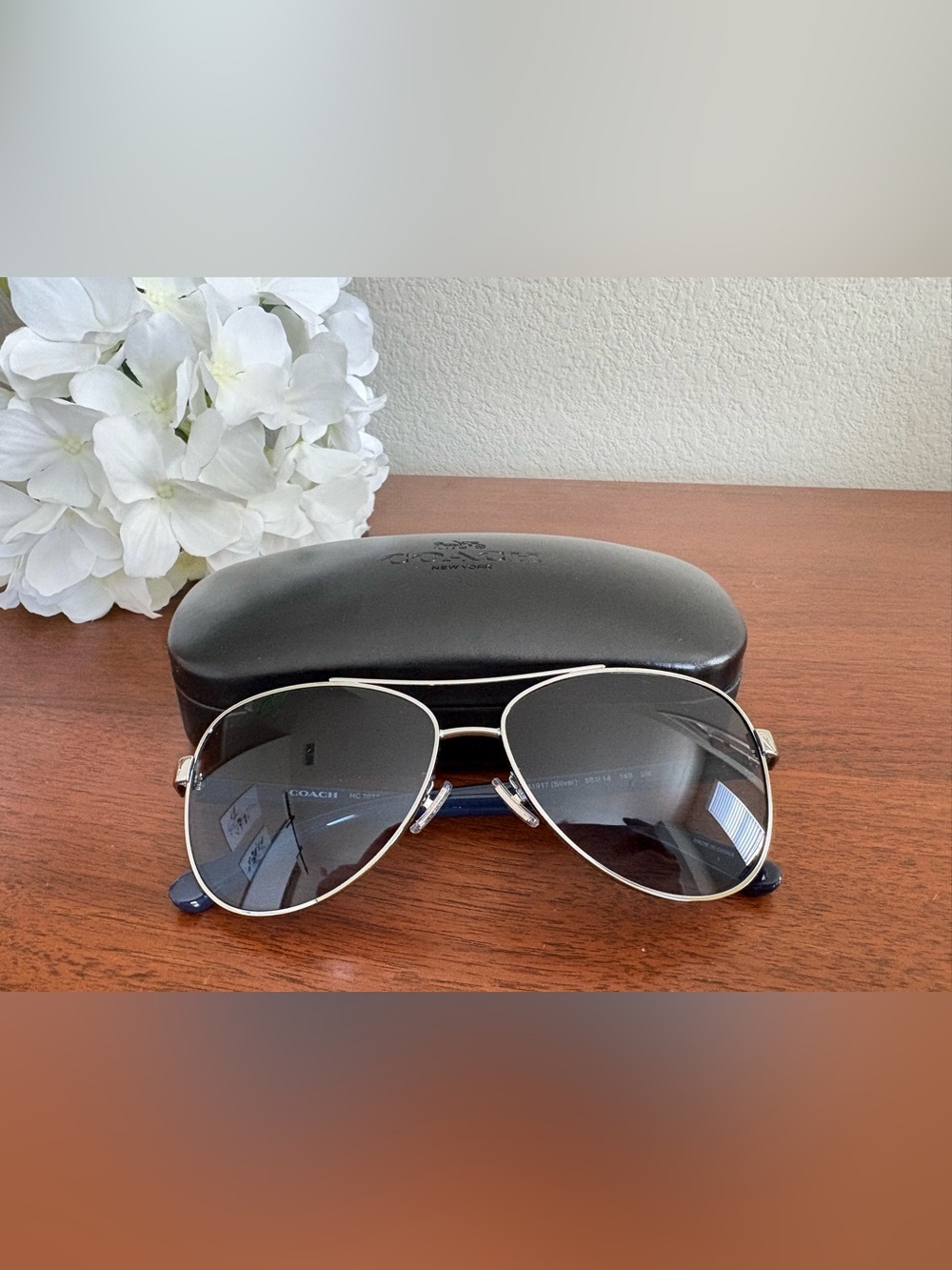 Coach Aviator Sunglasses in Silver Frame with Blue Lenses
